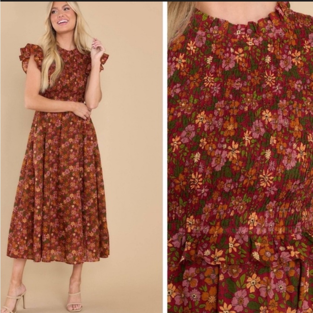 Olivia James The Label Lila Wildflower Rosewood Cotton Smocked Midi Dress, Small